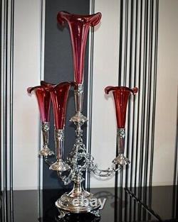 WMF Magnificent Silver Plated Cranberry Crystal Glass Epergne Centrepiece c1886