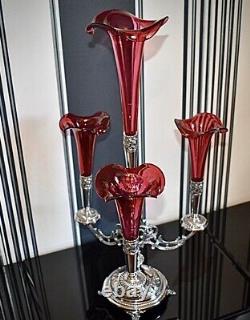 WMF Magnificent Silver Plated Cranberry Crystal Glass Epergne Centrepiece c1886