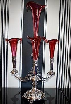 WMF Magnificent Silver Plated Cranberry Crystal Glass Epergne Centrepiece c1886