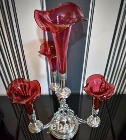 WMF Magnificent Silver Plated Cranberry Crystal Glass Epergne Centrepiece c1886