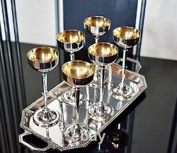 WMF Ships Silver Plated Art Nouveau Liqueur Tray set 6 x Gilt Goblets & Serving