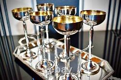 WMF Ships Silver Plated Art Nouveau Liqueur Tray set 6 x Gilt Goblets & Serving