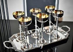 WMF Ships Silver Plated Art Nouveau Liqueur Tray set 6 x Gilt Goblets & Serving