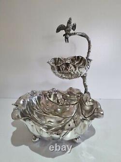 WMF Silver Plate two tier fruit comport bird branch and leaf detailing C1910