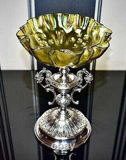 WMF Silver Plated ArtNouveau Centrepiece/ FruitStand, Green Iridescent Glass Bowl