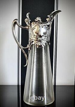 WMF Superb Art Nouveau Silver Plated & Fine Cut Crystal Claret Jug Ewer, Signed