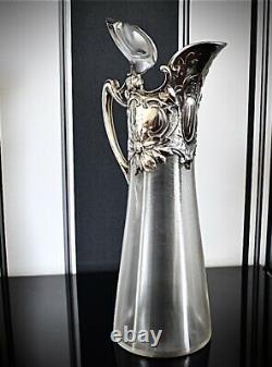 WMF Superb Art Nouveau Silver Plated & Fine Cut Crystal Claret Jug Ewer, Signed