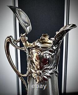 WMF Superb Art Nouveau Silver Plated & Fine Cut Crystal Claret Jug Ewer, Signed