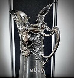 WMF Superb Art Nouveau Silver Plated & Fine Cut Crystal Claret Jug Ewer, Signed