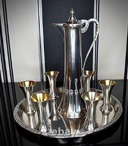 WMF Very Nice 8 Piece Art Nouveau Silver Plated Liqueur Set Running Ostrich 1909