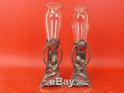 WMF one Pair ART NOUVEAU Metal Vases & Glass Inset. Silver-Plated