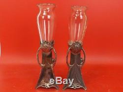 WMF one Pair ART NOUVEAU Metal Vases & Glass Inset. Silver-Plated