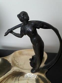 W. M. F. Silver plated dish with stylised woman figure in pewter art nouveau
