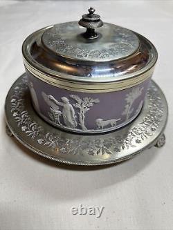 Wedgewood lilac Jasperware, 19th century butter dish, silver plate lid and tray