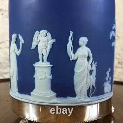 Wedgwood Blue Jasper biscuit barrel with plated mount, c. 1880