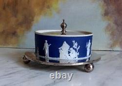 Wedgwood Dark Blue Jasperware Butter Dish with Silver-Plating on Lid and Base